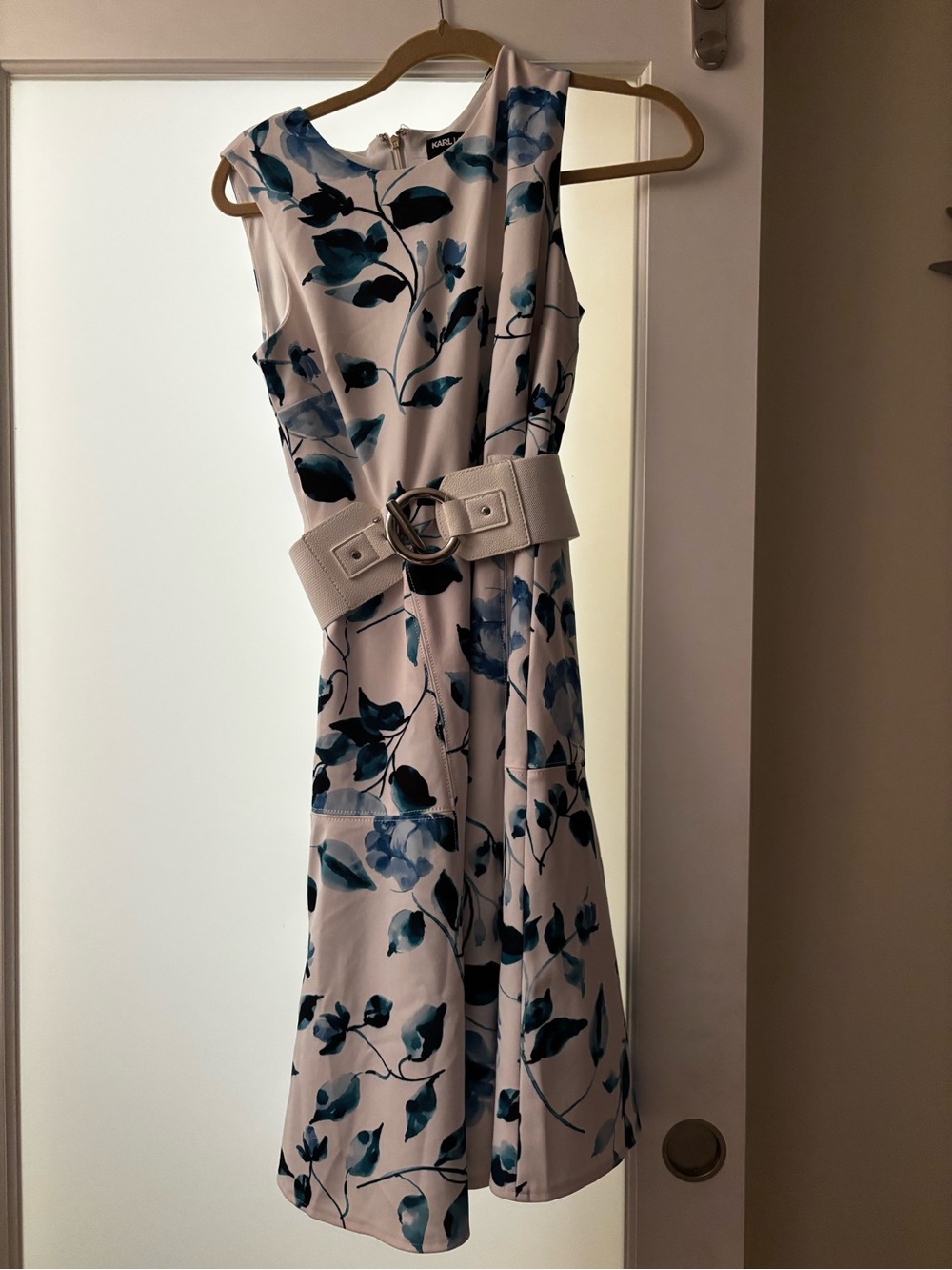 Karl Lagerfeld Ivory Midi Dress with Blue Floral Print and Belt